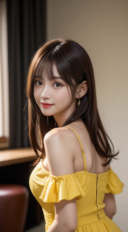 Yellow see-through blouse,Face Interview, (Photo Real:1.4), (hyper realisitic:1.4), (realisitic:1.3), (Smooth lighting:1.05), (Improve video lighting quality:0.9), 1womanl, a 20 yo woman, Realistic lighting, Back lighting, Facial light, raytrace, (cheerfulness:1.2), (Improved image quality:1.4), (Finest Real Textured Skins), finely eye, a small face, Red cheeks, skinny body, medium-breasted pointed jaws,,,,,, Korean Idol, Nogizaka Idol, glowy skin, hposing Gravure Idol, P, Blunt bangs, light brown hair, hair behind ear, hair over shoulder, Long hair,Tear bag，Summer plateau、yellow dress、
