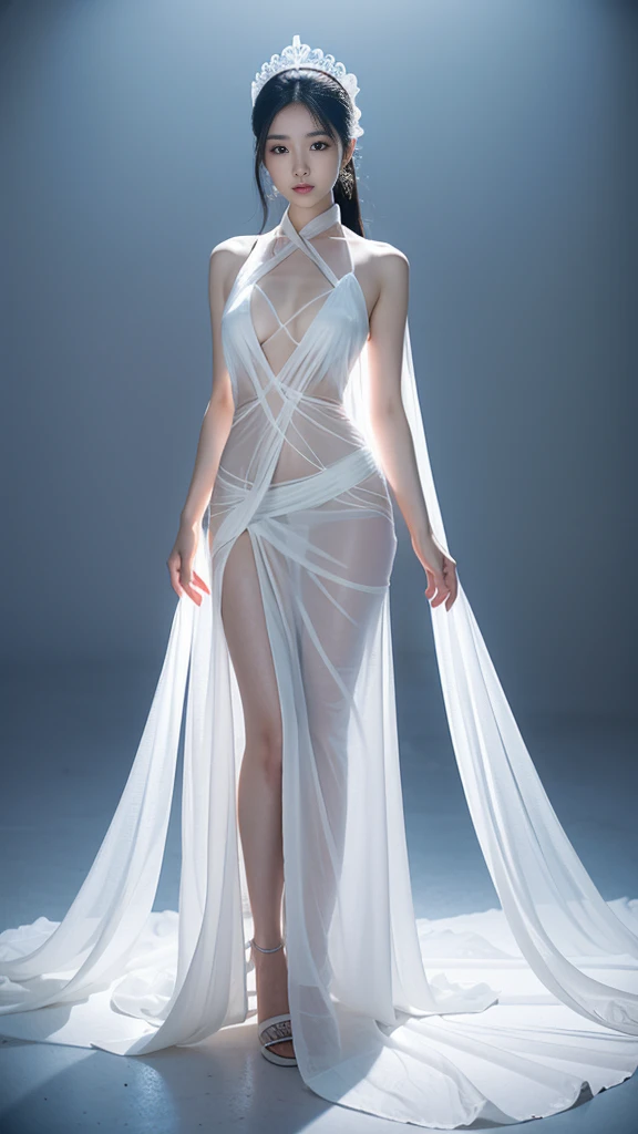 araffe asian woman in a white dress posing, ethereal beauty, beautiful goddess, translucent body, gorgeous chinese model, smooth translucent white skin, sexy girl, japanese goddess, draped in transparent cloth, revealing clothes, revealing outfit, sultry body with sexy belly, sexy body, sexy look, sexy :8, beautiful maiden, young