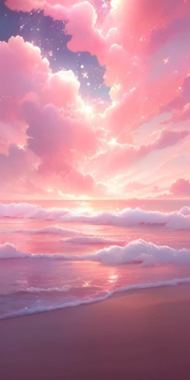 Pink clouds and stars reflected in the water on the beach, fluffy pink anime clouds, heaven pink, Admire the pink sea, Pink sunset, Pink sunlight, Beautiful peace scenes in anime, epic background, pink sky, pink sky, anime background, dreamy scene, Beautiful dreamy breathtaking, beautiful wallpaper, dreamy sky, Anime scenery wallpapers, beautiful aesthetic art, Shades of pink sunset