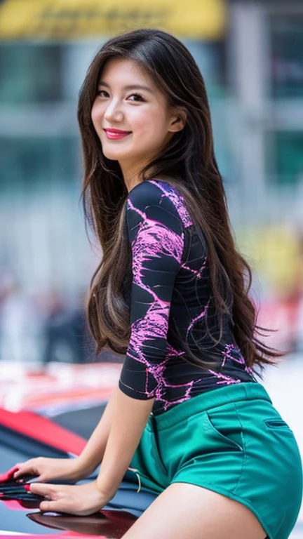 Highly detailed CG Unity 8K wallpaper, highest quality, Super detailed, masterpiece, realistic, photo realistic, Highly detailed cute girl, (25 years old), (whole bodyからつま先まで:1.4)、(whole body)、(whole body to toes)、(shot from the side)、(sitting on the hood of a car)、(lace queen)、(sexy pose）,
(Sponsored and wearing grid girl costume&#39;logo is printed.:1.3), (shorts) , (sitting in a motorsport race),   (cleavage), smile ,(whole bodyショット) ,(Side view)、(side shot)、(smile at the camera)、