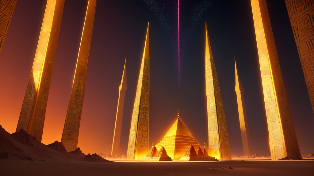 「Futuristic background of golden glass pyramids with laser beams、Guide yourself through a surreal Egyptian city」. Background hyper resolution is 4K、with an aspect ratio of 16:9. Golden pyramid, masterpiece, anatomically correct, Super detailed, high quality, 最high quality, 8K, 16k, advanced details, wonderful country of egypt, A desert temple is visible in the light of the scarlet moon, Temple decorated with transparent golden fabric with Anubis pattern
