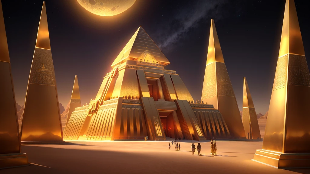 「Futuristic background of golden glass pyramids with laser beams、Guide yourself through a surreal Egyptian city」. Background hyper resolution is 4K、with an aspect ratio of 16:9. Golden pyramid, masterpiece, anatomically correct, Super detailed, high quality, 最high quality, 8K, 16k, advanced details, wonderful country of egypt, A desert temple is visible in the light of the scarlet moon, Temple decorated with transparent golden fabric with Anubis pattern