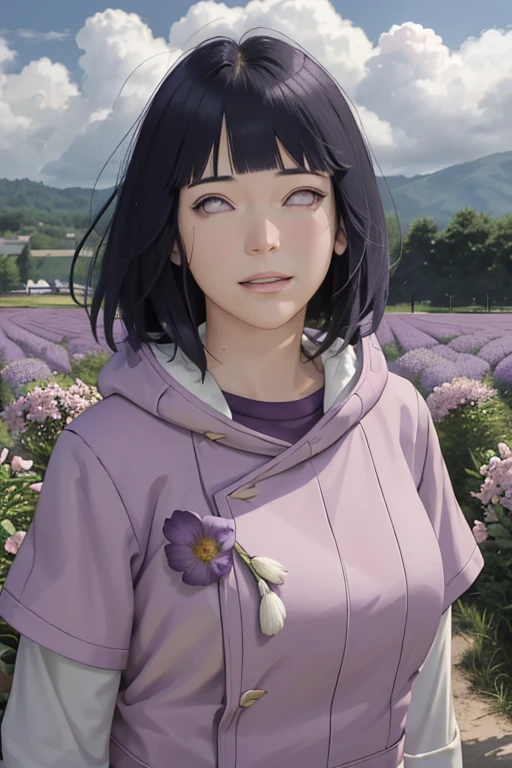 masterpiece, absurdres, hinata\(boruto\), 1girl, solo,mature female, purple hoodie,layered sleeves, brown pants, outdoors,lavender flower field, looking at viewer, (falling petals), cloudy sky, perfect composition, detailed lips, big breast, beautiful face, body propotion, blush, (pink lips), long hair, purple eyes, soft gaze, sad smile, super realistic, detailed, photoshoot, realistic face and body, realistic hair, realistic eyes, realistic nose, realistic lips