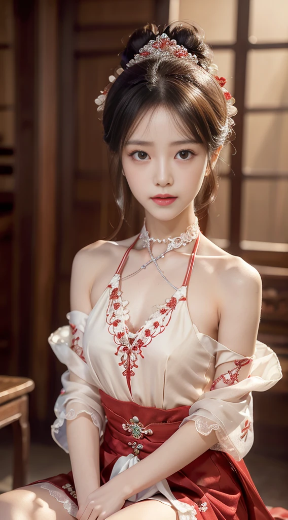 Tatami room，Warm lighting，Bow on chest，Qi bangs，Long hair that falls over the shoulder，(Playful eyes)，二重まぶた，Deepening of the tail of the eyes，Lying silkworm，Wear a bracelet on your wrist，Scarlet lips，The lips are shiny and textured，Fine skin texture，Brown sparkling pupils，((((Keep your eyes on the camera))))，Slender fingers，((face round))，(((Small lips)))，Black halterneck hanfu，Small-headed spells(Prompt): （（hyper HD）），Best image quality，8K resolution，Higher quality，Works of masters，Antique peerless beauty bride，Exquisite facial features，Absolutely beautiful，Crystal red lips，ssmile，Nice big eyes，Delicate long eyelashes，Sweet with lying silkworms，鎖骨，Brunette quality is the best, tmasterpiece, A high resolution, 1girll, Blushlush,(Seductive smile:0.8), starpupil, Red porcelain halter neck Hanfu, hair adornments, choker necklace, Ornaments, beautfully face, Human body, Tindal effect, Lifelike, Dark Studio, edge lit,twotonelighting，（highdetailskin：1.2），8K, Ultra HD，Slr，softlighting，high high quality，Volumetriclighting，Candid camera，photore，A high resolution，4K，8K，Bokeh，（Small head）high detal,8K resolution,超A high resolution,A young girl, A cute girl，Shorter hair，hair-bun，light make-up，Colorful clear eyes，Smooth hair,鎖骨,Exquisite and perfect facial features, the most beautiful big eyes,Long eyelashes,The eyes are sweet and there are lying silkworms，((dynamic angle,Extreme image quality,Highest precision,Precise and perfect human anatomy，Long legs))，(((Red and white antique halter neck clothes，Embroidered lace sleeves，Sitting cross-legged position，)))，(()))，rays of sunshine，，The body is well-proportioned and firm，Charming eyes，Panoramic view，Indoors，Pure desire，Small head