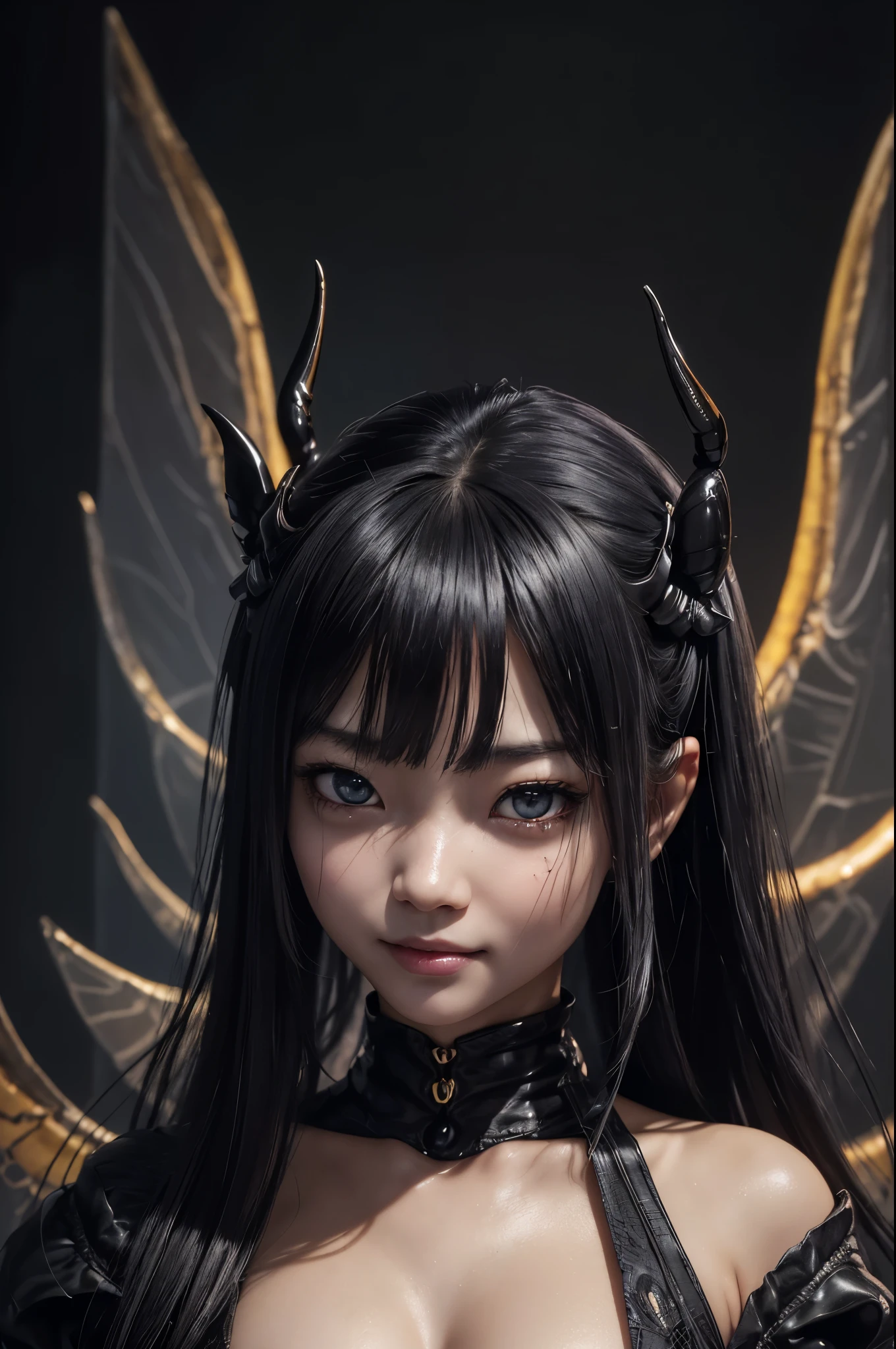 NSFW、Black light、Real Art、とても繊細で美しいgiant hornet girl、Super fine、1 girly,黒と黄colorの髪、Hornet personification、terrible、creepy smile、(((Spooky horror、wise、I was horrified、monster、Mobeki、Insanity))Glowing black eyes、floating、detailed light、An illustration、dynamic angle、Depth of bounds written、((((())))、anthropomorphic wasp queen、long 黒と黄colorの髪、あなたのtoothを見せて、super beautiful girl(like the real thing)(Ultra A high)solve、best image quality)、(8K、RAW photo、best image quality、masterpiece)、technical sense、best image quality、masterpiece、An illustration、cg、sense of unity、wallpaper、official art、amazing、finely、very delicate and beautiful、very detailed、very detailed、sharp focus、rich background、(real human being、image)、((high definition skin))Vicious face、creepy smile、 Close-up、creepy pupils、face with shadow、bags under eyes、big smile、tooth、Golden pupil、creepy eyes、mad face、constricted pupils、黒color強膜、A disgusting girl from another world、8K、very small breasts,sharp long nails,Wasp needles,黒と黄colorのスズメバチのパターン,Wasp wings,color,Inside the dark cave,and black hair,vertically split eyes,and black sexy costume,giant hornet girl,,豊富なcolor, Backlight, cinematic lighting, film grain, born, 50mm lens, Nikon D850,realistic skin,battle scene,action scene,action pose,combat readiness,grim expression,give a sharp look,elongated sense of touch,Close-up,