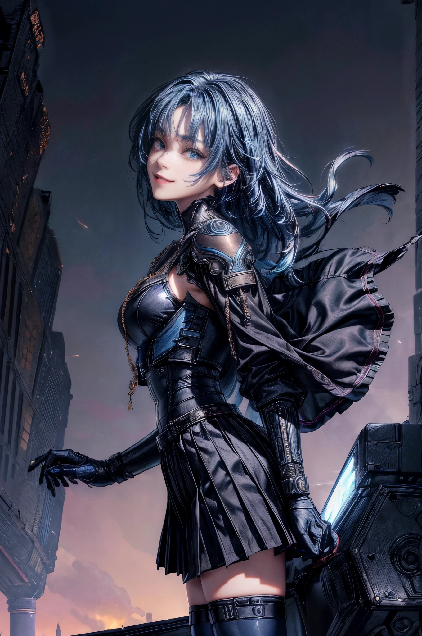 cinematic lighting、highly detailed skin,1 girl, highest quality,cyber punk,(dim color, soothing tone:1.3),(20 year old beautiful woman、Detailed beautiful facial features、medium blue hair、shoulder length hair、blue eyes、Rosary Necklace)break,break、A black cybertech short blouson is worn over it.、(black sailor suit、Pleated skirt in navy color、black tights、black tech sneakers)break.(smile:1.5)、Highly detailed and perfect human anatomy、(Face looking down、Look at this、very low angle:1.3)Angle looking up from the ground、ground to sky angle、Center of cyber punk style buildings