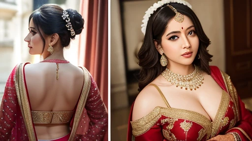 As an expert your job is to create the most beautiful woman in the world as a beautiful actress sexy curvy size model woman in a different banarasi Crimson Crown Sherwani in picture, manga mala necklace ornament in necklace for wedding, Head Jewelry for wedding, busty, small curvy, mid body shot, she has a jiggly fat round belly, thick body, in Paris in different time background, m-cup breast.