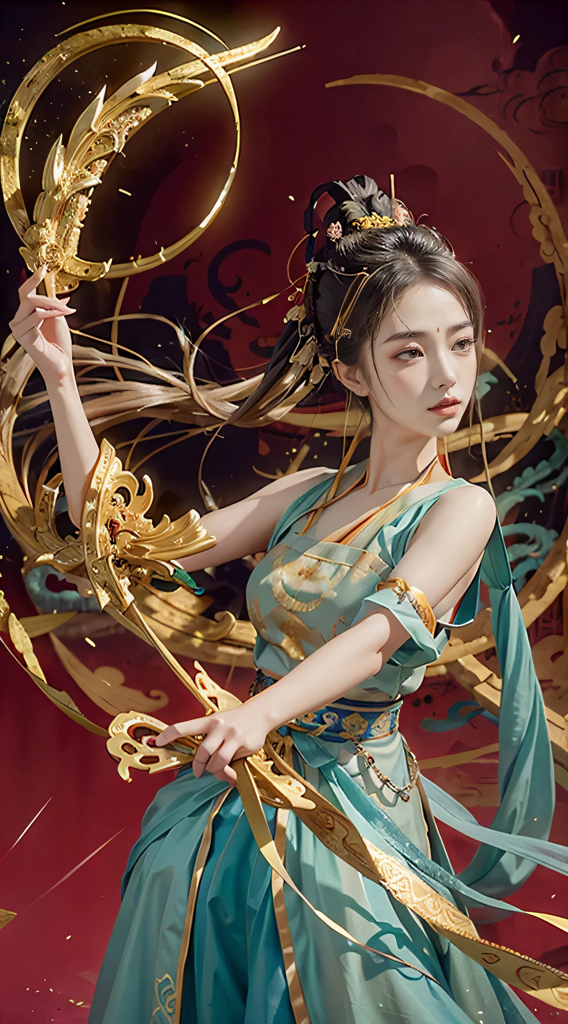 traditional Chinese painting, 1 sister, Ji hair style, looking at the audience,dance,perfect facial features, Titillating, (Holding a willow branch in hand), Dunhuang_style, Dunhuang_clothing, Ultra HD Dragon Horn, The dragon is flying, 4K, best quality, Super details,