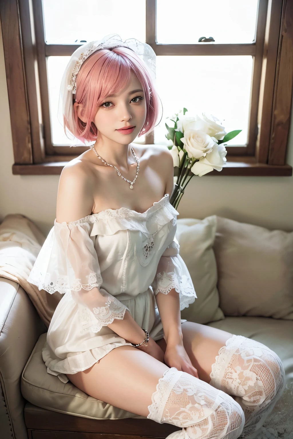 (8K, top-quality, masterpiece:1,2), (reallistic, Photorealsitic:1.37), Super Detail, One girl,), (Highly detailed), (beautifully detailed eyes), (of the highest quality), (super detailed ), (masterpiece), (Detailed face),20yr old, ,1 girl, ((pink hair,Very short hair)), medium breasts, clothed, Perfect Lighting, BREAK  (white lace short jacket:1.3), (white silk camisole:1.4), (white off-shoulder dress:1.5), (flared skirt:1.4), (A-line silhouette:1.3), (lace and pearl embroidery:1.4), (white lace frill knee-high socks:1.3), (white heel boots:1.4), (simple pearl necklace:1.3), (white lace bracelet:1.3), BREAK white veil on right side of face, smiling, looking at camera, holding white bouquet of roses and carnations with right hand in front of chest, left hand on waist, right leg in front of left leg, slightly tilting body to right, inside church, stained glass and candles in background, white carpet on floor, natural light from window, soft and bright light, few shadows, highlights on veil and lace, low contrast
