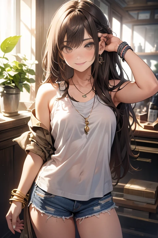 (masterpiece, best quality, ultra-detailed, highres, 4k),(beautiful detailed eyes),(very detailed face),(1girl),HDR,long hair, shorts, phone, brown eyes, brown hair, cellphone, bracelet, tank top, jewelry, watch, lips, solo focus, nail polish, blurry background, smile, wristwatch, realistic, blurry, looking at viewer