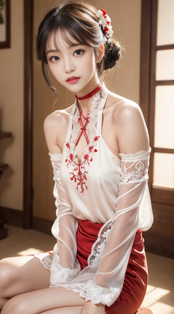 Tatami room,Warm lighting,Bow on chest,Qi bangs,Long hair that falls over the shoulder,(Playful eyes),二重まぶた,Deepening of the tail of the eyes,Lying silkworm,Wear a bracelet on your wrist,Scarlet lips,The lips are shiny and textured,Fine skin texture,Brown sparkling pupils,((((Keep your eyes on the camera)))),Slender fingers,((face round)),(((Small lips))),Black halterneck hanfu,Small-headed spells(Prompt): ((hyper HD)),Best image quality,8K resolution,Higher quality,Works of masters,Antique peerless beauty bride,Exquisite facial features,Absolutely beautiful,Crystal red lips,ssmile,Nice big eyes,Delicate long eyelashes,Sweet with lying silkworms,鎖骨,Brunette quality is the best, tmasterpiece, A high resolution, 1girll, Blushlush,(Seductive smile:0.8), starpupil, Red porcelain halter neck Hanfu, hair adornments, choker necklace, Ornaments, beautfully face, Human body, Tindal effect, Lifelike, Dark Studio, edge lit,twotonelighting,(highdetailskin:1.2),8K, Ultra HD,Slr,softlighting,high high quality,Volumetriclighting,Candid camera,photore,A high resolution,4K,8K,Bokeh,(Small head)high detal,8K resolution,超A high resolution,A young girl, A cute girl,Shorter hair,hair-bun,light make-up,Colorful clear eyes,Smooth hair,鎖骨,Exquisite and perfect facial features, the most beautiful big eyes,Long eyelashes,The eyes are sweet and there are lying silkworms,((dynamic angle,Extreme image quality,Highest precision,Precise and perfect human anatomy,Long legs)),(((Red and white antique halter neck clothes,Embroidered lace sleeves,Sitting cross-legged position,))),(())),rays of sunshine,,The body is well-proportioned and firm,Charming eyes,Panoramic view,Indoors,Pure desire,Small head
