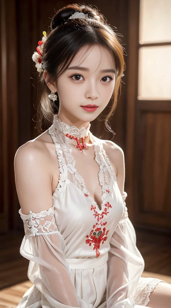 Tatami room,Warm lighting,Bow on chest,Qi bangs,Long hair that falls over the shoulder,(Playful eyes),二重まぶた,Deepening of the tail of the eyes,Lying silkworm,Wear a bracelet on your wrist,Scarlet lips,The lips are shiny and textured,Fine skin texture,Brown sparkling pupils,((((Keep your eyes on the camera)))),Slender fingers,((face round)),(((Small lips))),Black halterneck hanfu,Small-headed spells(Prompt): ((hyper HD)),Best image quality,8K resolution,Higher quality,Works of masters,Antique peerless beauty bride,Exquisite facial features,Absolutely beautiful,Crystal red lips,ssmile,Nice big eyes,Delicate long eyelashes,Sweet with lying silkworms,鎖骨,Brunette quality is the best, tmasterpiece, A high resolution, 1girll, Blushlush,(Seductive smile:0.8), starpupil, Red porcelain halter neck Hanfu, hair adornments, choker necklace, Ornaments, beautfully face, Human body, Tindal effect, Lifelike, Dark Studio, edge lit,twotonelighting,(highdetailskin:1.2),8K, Ultra HD,Slr,softlighting,high high quality,Volumetriclighting,Candid camera,photore,A high resolution,4K,8K,Bokeh,(Small head)high detal,8K resolution,超A high resolution,A young girl, A cute girl,Shorter hair,hair-bun,light make-up,Colorful clear eyes,Smooth hair,鎖骨,Exquisite and perfect facial features, the most beautiful big eyes,Long eyelashes,The eyes are sweet and there are lying silkworms,((dynamic angle,Extreme image quality,Highest precision,Precise and perfect human anatomy,Long legs)),(((Red and white antique halter neck clothes,Embroidered lace sleeves,Sitting cross-legged position,))),(())),rays of sunshine,,The body is well-proportioned and firm,Charming eyes,Panoramic view,Indoors,Pure desire,Small head