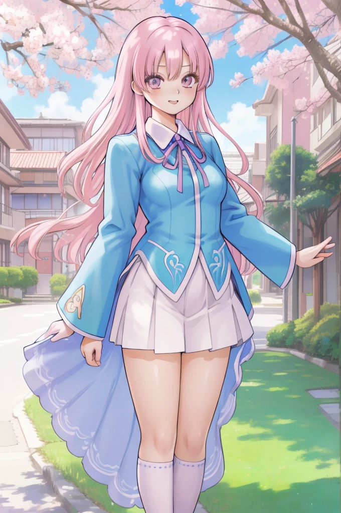 asakuraryouko, kita_high_school_uniform, bright and sunny outdoor setting, illustrated by ai yoshitome or laura london, background with pastel dreamy colors, with pink and blue hues, high resolution and sharp focus, art nouveau or manga inspired with detailed accessories, trending on artstation.