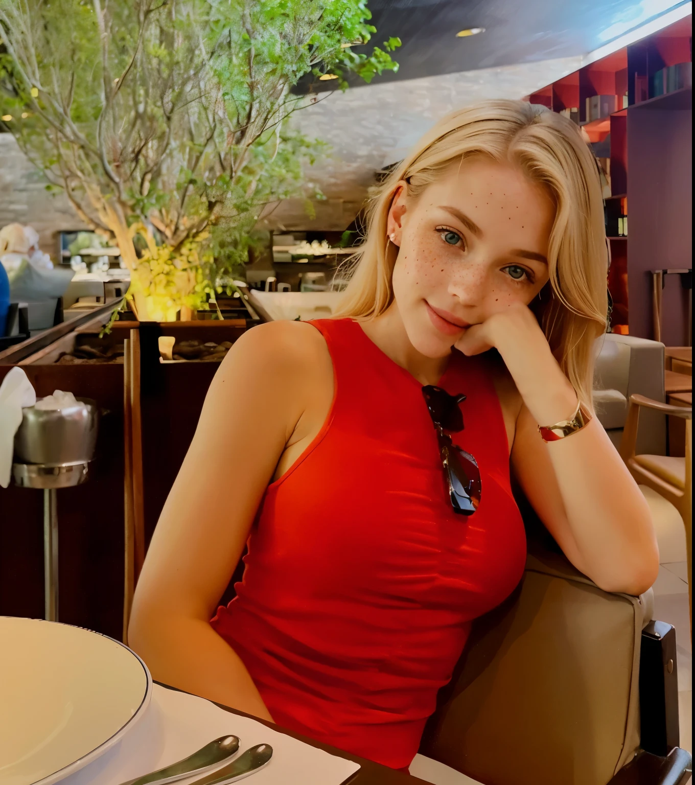 Rosto de uma mulher, americana, 25 anos, pale skin and freckles, olhos cinzas, nariz delicado, soft and delicate lips, cabelo blondie cinza longo e ondulados, sorriso meigo, olhar sedutor