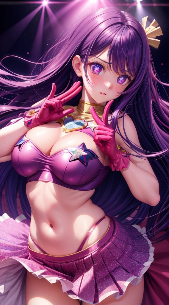 realistic, 1 girl, purple hair, purple eyes, star-shaped pupil, idol costume, skirt, parted lips, blush, Stage light background, red gloves, hair ornaments, perfect hands足, perfect hands, perfect fingers、Big breasts、embarrassed face