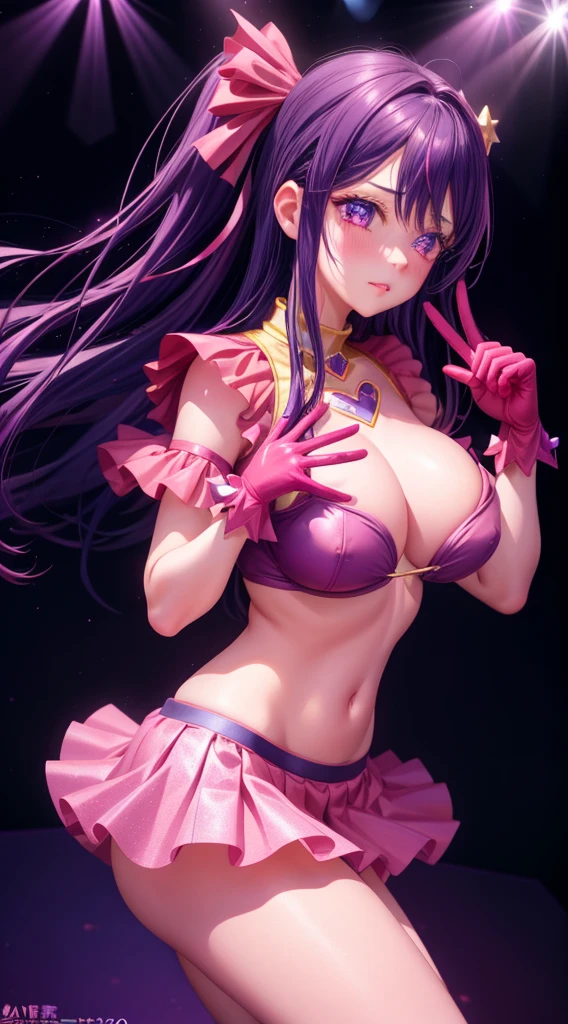 realistic, 1 girl, purple hair, purple eyes, star-shaped pupil, idol costume, skirt, parted lips, blush, Stage light background, red gloves, hair ornaments, perfect hands足, perfect hands, perfect fingers、Big breasts、embarrassed face