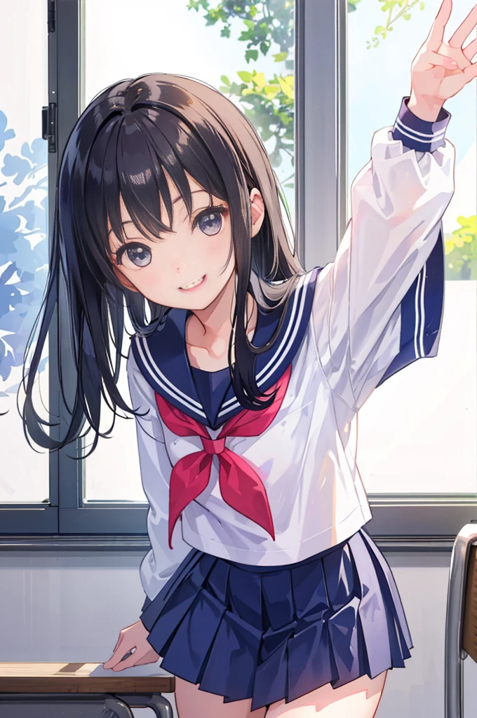 1girl, cute, 16 years old, smiling, look at viewer, sailor uniform, seifuku, photo, realistic, best quality, hires, detailed face, classroom, detailed background, diffused lighting, depth of field, bokeh