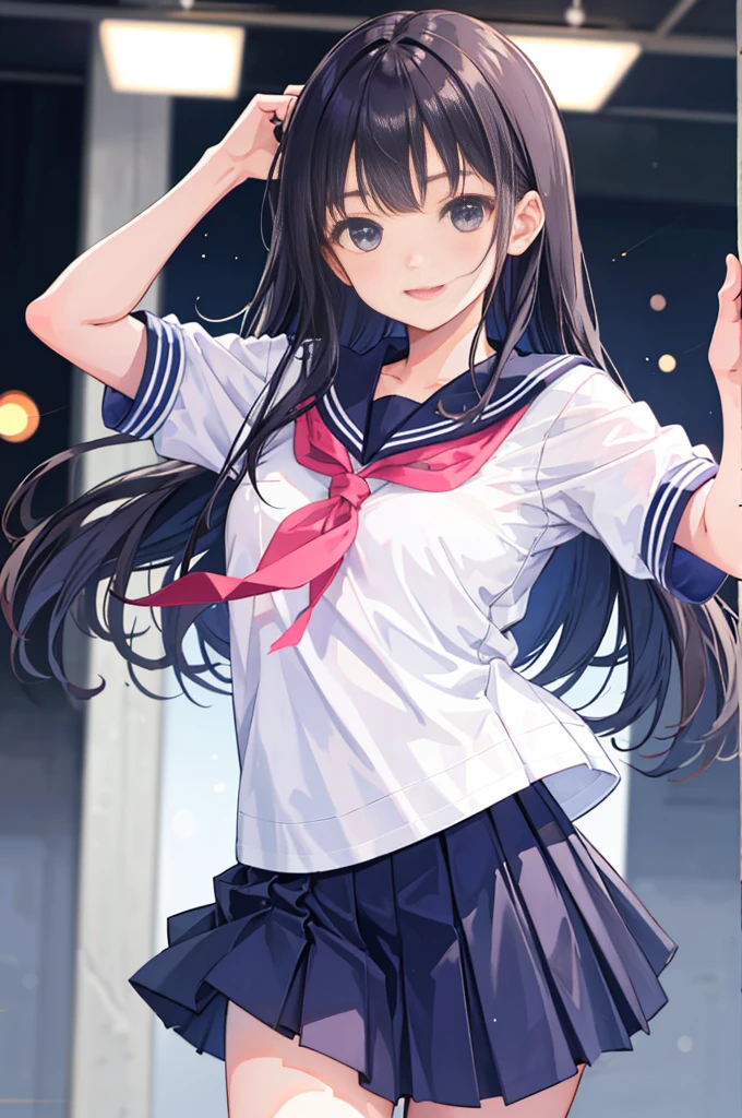 1girl, cute, , smiling, look at viewer, sailor uniform, seifuku, photo, realistic, best quality, hires, detailed face, classroom, detailed background, diffused lighting, depth of field, bokeh
