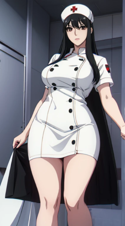 Long black hair, white nurse dress, massive sized , thigh legs, nurse cap on her head,short nurse skirt, standing, brown colour eyes,ultra realistic detailed red eyes, beautiful and perfect face, hospital background, black hair