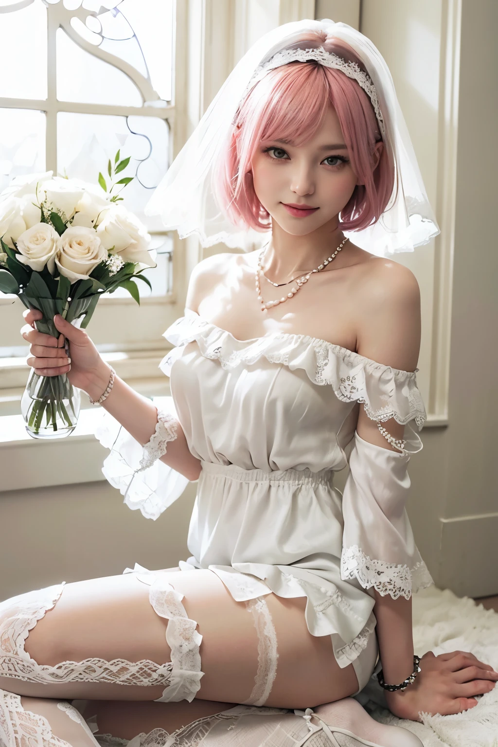 (8K, top-quality, masterpiece:1,2), (reallistic, Photorealsitic:1.37), Super Detail, One girl,), (Highly detailed), (beautifully detailed eyes), (of the highest quality), (super detailed ), (masterpiece), (Detailed face),20yr old, ,1 girl, ((pink hair,Very short hair)), medium breasts, clothed, Perfect Lighting, BREAK (white lace short jacket:1.3), (white silk camisole:1.4), (white off-shoulder dress:1.5), (flared skirt:1.4), (A-line silhouette:1.3), (lace and pearl embroidery:1.4), (white lace frill knee-high socks:1.3), (white heel boots:1.4), (simple pearl necklace:1.3), (white lace bracelet:1.3), BREAK white veil on right side of face, smiling, looking at camera, holding white bouquet of roses and carnations with right hand in front of chest, left hand on waist, right leg in front of left leg, slightly tilting body to right, inside church, stained glass and candles in background, white carpet on floor, natural light from window, soft and bright light, few shadows, highlights on veil and lace, low contrast