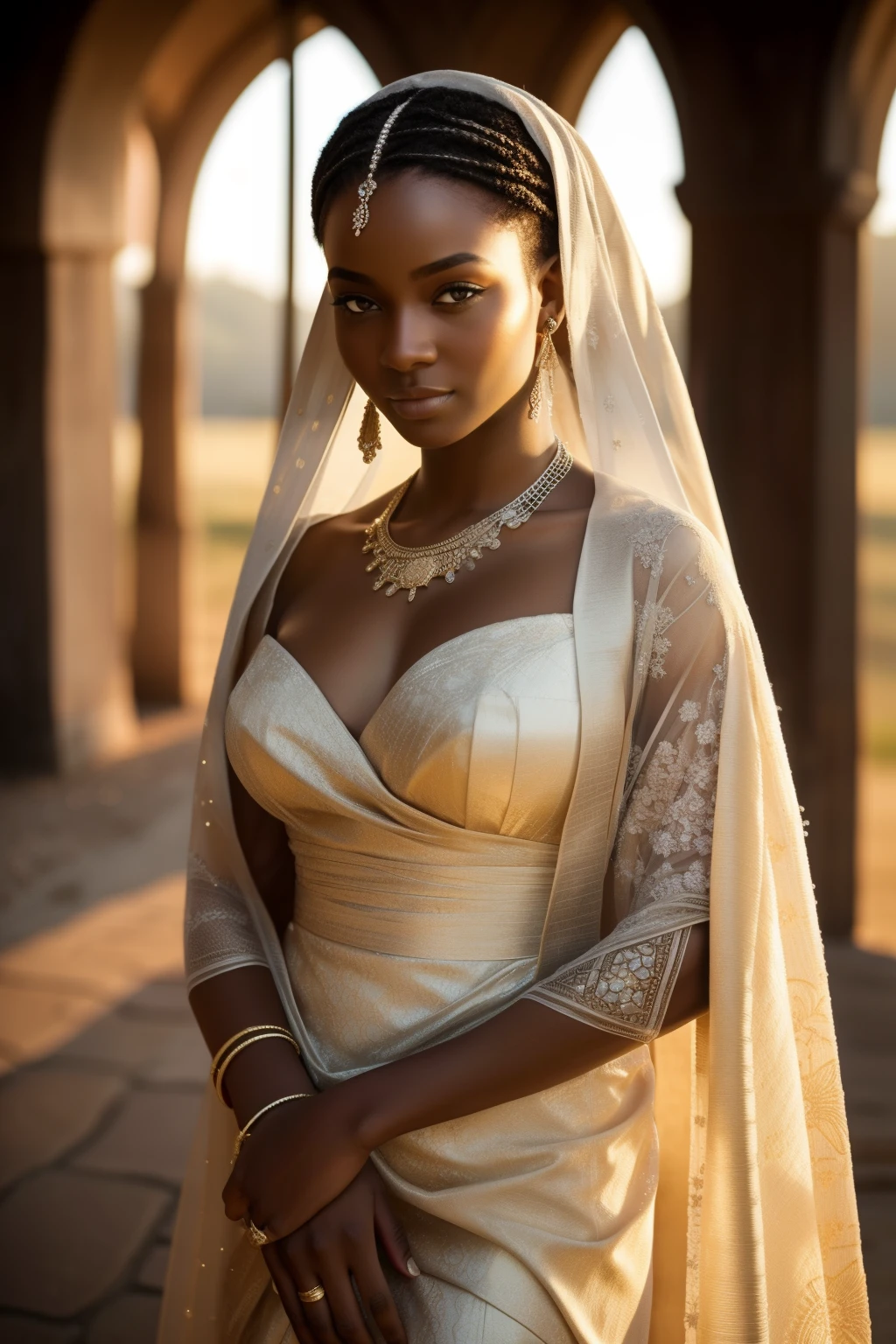 African Bathsheba, poised and radiant before the sunrise, throws a gentle smile as she looks directly into the camera lens. The sun's first light bathes her in a warm, ethereal glow, casting long, delicate shadows across the serene landscape. Draped in a high-fashion, yet modest ensemble, she exudes an air of humility and inner beauty. The fabric of her garment shimmers with a rich texture, intricately stitched with precision and elegance. The sunlight catches the fine detailing of her outfit, throwing the hues into a stunning relief. Her dark, almond-shaped eyes reflect the burgeoning brilliance of the sun, adding an