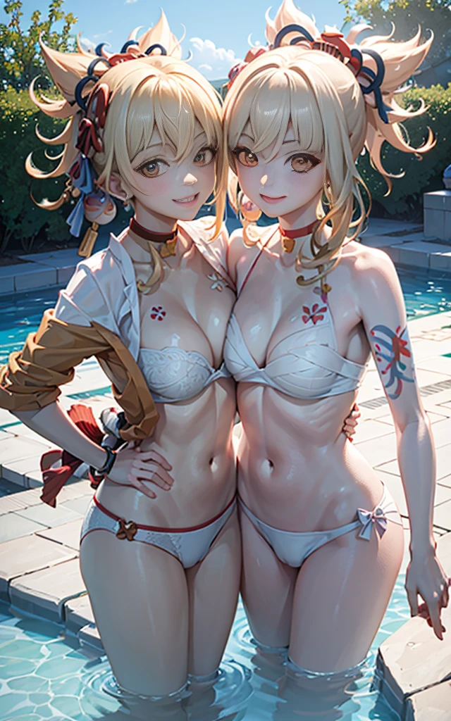2 girls smiling in water in bathtub,No teeth exposed. Female twins, Vibrant colors,natural lighting, best quality, Chest to chest, hug each other, sunny masterpiece, Navel exposed, Blushed, 橙色泳衣hug each other' , full, 饱full big breast 露肚脐 右手搂腰 large breast 左手抬起 左侧乳房紧紧挨在一起