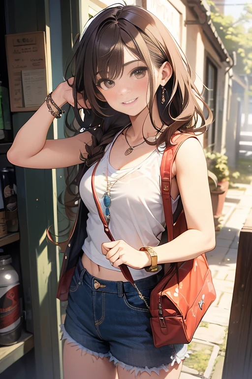 (Masterpiece, Best quality, Very detailed, High accuracy, 4K),(Beautiful detailed eyes),(Highly detailed face),(1girl),Human development report,long hair, Shorts, Phone, Brown eyes, Brown hair, cellPhone, Bracelet, Top of the tank, jewelry, He watches, Shefa, Just focus, nail polish, hazy background, He smiles, wristHe watches, real, hazy, Looking at the scenes