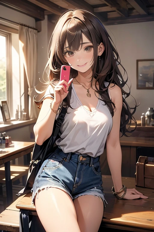 (Masterpiece, Best quality, Very detailed, High accuracy, 4K),(Beautiful detailed eyes),(Highly detailed face),(1girl),Human development report,long hair, Shorts, Phone, Brown eyes, Brown hair, cellPhone, Bracelet, Top of the tank, jewelry, He watches, Shefa, Just focus, nail polish, hazy background, He smiles, wristHe watches, real, hazy, Looking at the scenes