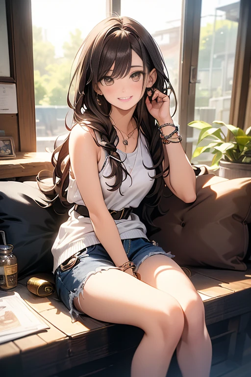 (Masterpiece, Best quality, Very detailed, High accuracy, 4K),(Beautiful detailed eyes),(Highly detailed face),(1girl),Human development report,long hair, Shorts, Phone, Brown eyes, Brown hair, cellPhone, Bracelet, Top of the tank, jewelry, He watches, Shefa, Just focus, nail polish, hazy background, He smiles, wristHe watches, real, hazy, Looking at the scenes