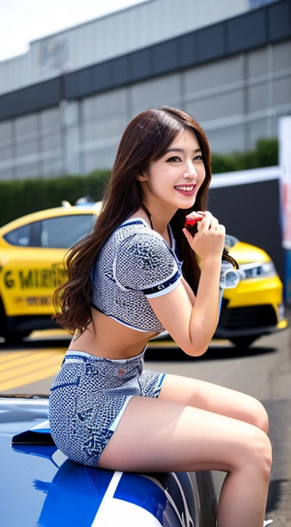 Highly detailed CG Unity 8K wallpaper, highest quality, Super detailed, masterpiece, realistic, photo realistic, Highly detailed cute girl, 25 years old, (whole bodyからつま先まで:1.4)、(whole body)、(whole body to toes)、(shot from the side)、(sitting on the hood of a car)、(lace queen)、(sexy pose),
(Sponsored and wearing grid girl costume'logo is printed.:1.3), (shorts) , (sitting in a motorsport race), (cleavage), smile ,whole bodyショット ,(Side view)、(side shot)、(smile at the camera)、