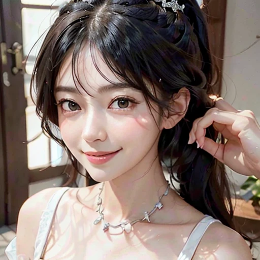 highest quality, ultra nothing, actual, A photo of a beautiful and cute Japanese woman, detailed face, Beautiful black hair, (white dress with detailed details), Mansion Pool, (Close up head from collarbone), fascinating look, looking at the viewer, happy smile, Bright lighting, 10 years old