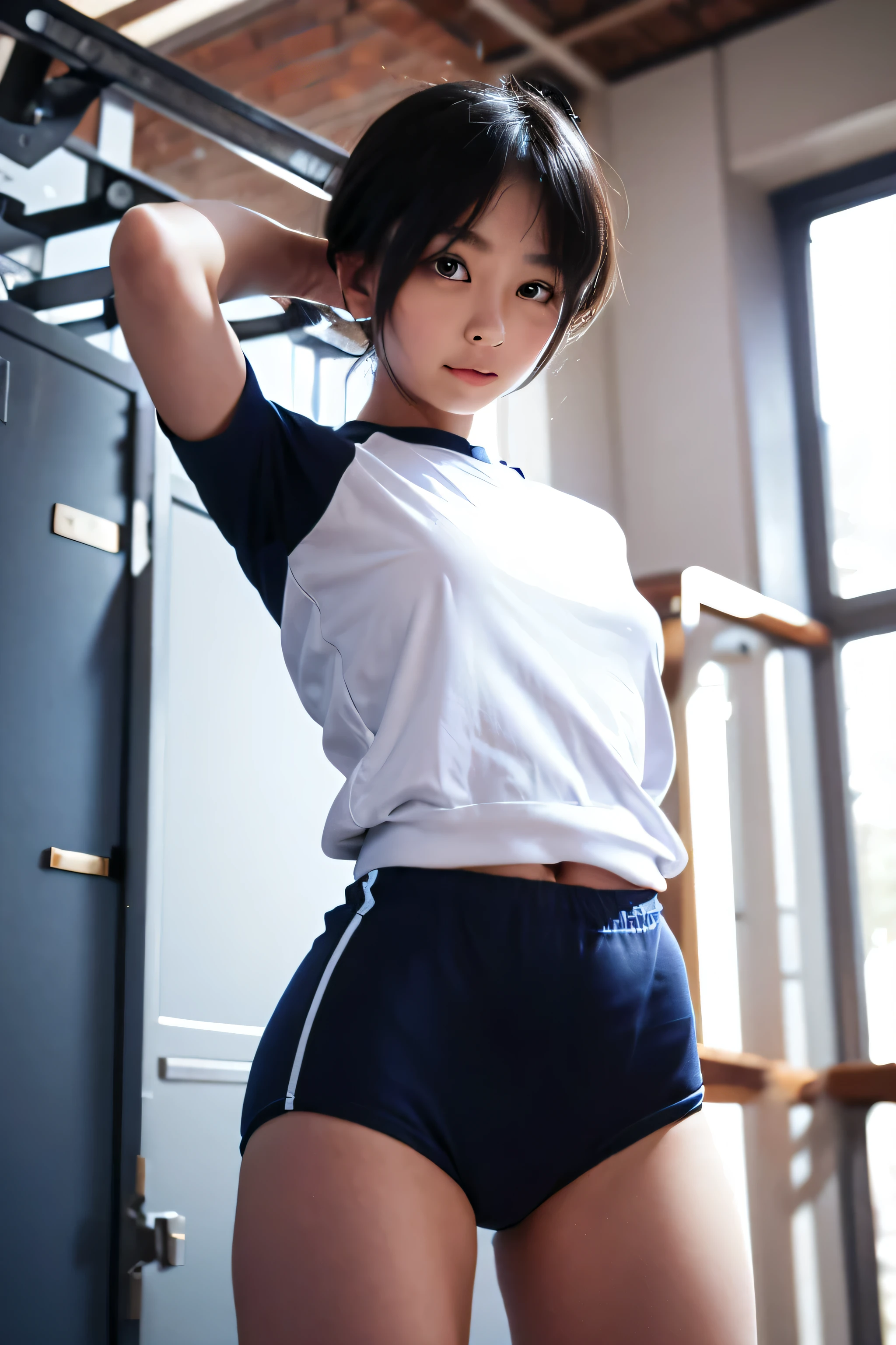 White short sleeve gym clothes、Round neck and sleeves are dark blue.、navy blue bloomers、Shortcut Beauty、30 years old、Gymnasium warehouse
