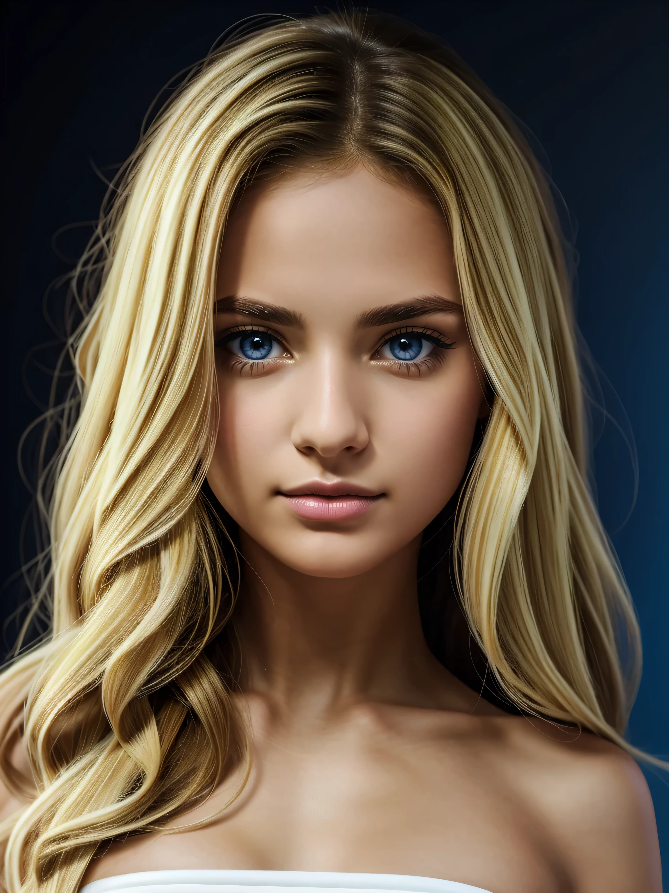 ((Beautiful)+attractive+cute:0.8+nerd:0.7), (very_cute, extremely_adorable), inspired_by_young_Aimee_Carrero:young_Nina_Dobrev:0.8, long_hair, straight_curly_hair, (blonde_hair:1.5), almond_eyes:1, (blue_eyes:1.3), symmetric_eyes, delicate_nose:1, small_nose:1, very_thin_nose:1, beautiful_nose, red_lipstick,(1Woman:1, Masterpiece, Realistic, 8K, best_quality, highres), (upper_body:1.5, looking_at_viewer:1, body_looking_at_viewer:1), (standing, neutral_body_posture:1, neutral_facial_expression:1), (wearing white_strapless_mini_dress), (white_backdrop:1), small_woman, short_body, feminine_body, round_pupil, black_pupil, round_iris, realistic_iris, 8K_eyes, 8K_iris, 8K_pupil
