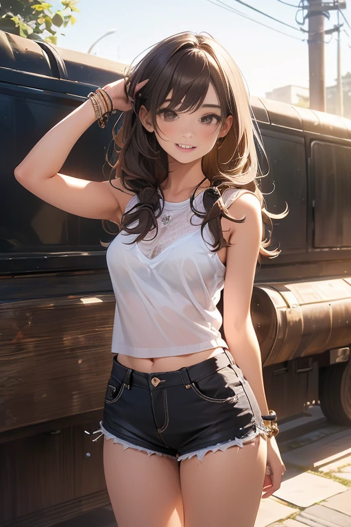 (Masterpiece, Best quality, Very detailed, High accuracy, 4K),(Beautiful detailed eyes),(Highly detailed face),(1girl),Human development report,long hair, Shorts, Phone, Brown eyes, Brown hair, cellPhone, Bracelet, Top of the tank, jewelry, He watches, Shefa, Just focus, nail polish, hazy background, He smiles, wristHe watches, real, hazy, Looking at the scenes