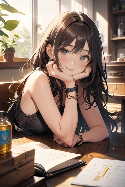 (Masterpiece, Best quality, Very detailed, High accuracy, 4K),(Beautiful detailed eyes),(Highly detailed face),(1girl),Human development report,long hair, Shorts, Phone, Brown eyes, Brown hair, cellPhone, Bracelet, Top of the tank, jewelry, He watches, Shefa, Just focus, nail polish, hazy background, He smiles, wristHe watches, real, hazy, Looking at the scenes