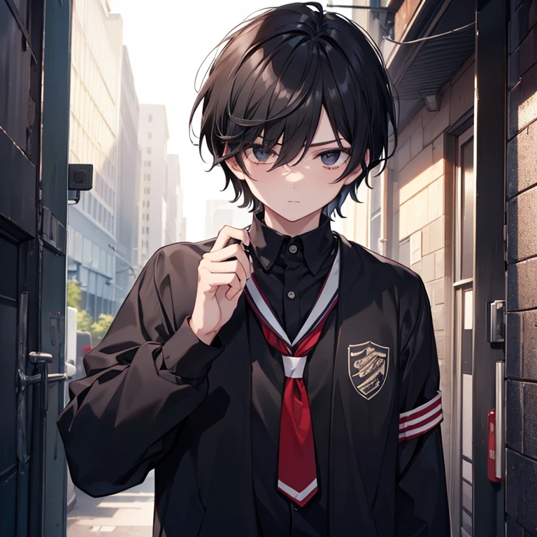 masterpiece, best quality, ultra detailed, 1 boy, short black hair, delinquent, sharp black eyes, sleepy eyes, highschool uniform.