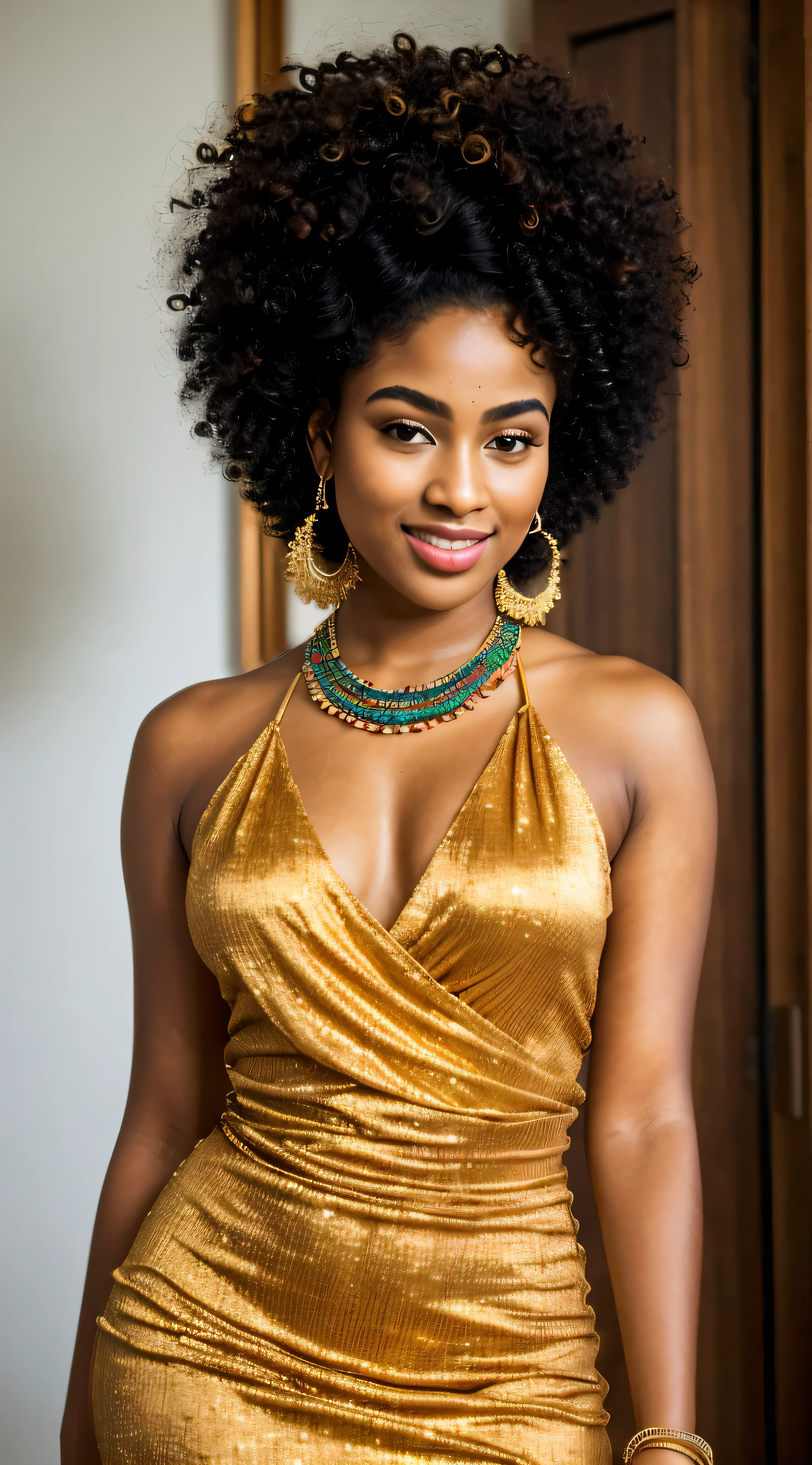 (best quality,4k,8k,highres,masterpiece:1.2),ultra-detailed,(realistic,photorealistic,photo-realistic:1.37),portrait,soulful eyes,detailed nose,plump lips with a natural smile,afro hair,bold and confident gaze,african beauty,stylish outfit,23-year-old woman,cultural diversity,beautiful skin complexion,ethnic jewelry,graceful posture,impressive facial features,curly hair texture,expressive eyebrows,vibrant colors,gorgeous lighting,sizeable earrings,indoor setting,warm and inviting atmosphere.