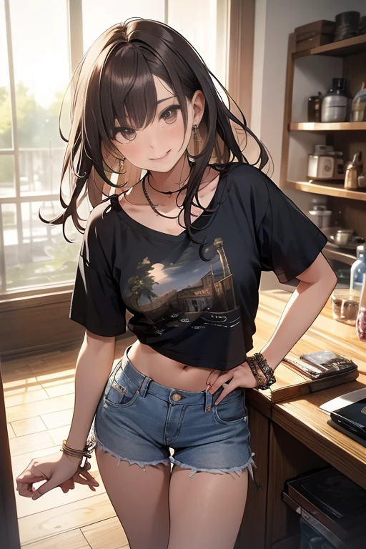 (Masterpiece, Best quality, Very detailed, High accuracy, 4K),(Beautiful detailed eyes),(Highly detailed face),(1girl),Human development report,long hair, Shorts, Phone, Brown eyes, Brown hair, cellPhone, Bracelet, Top of the tank, jewelry, He watches, Shefa, Just focus, nail polish, hazy background, He smiles, wristHe watches, real, hazy, Looking at the scenes