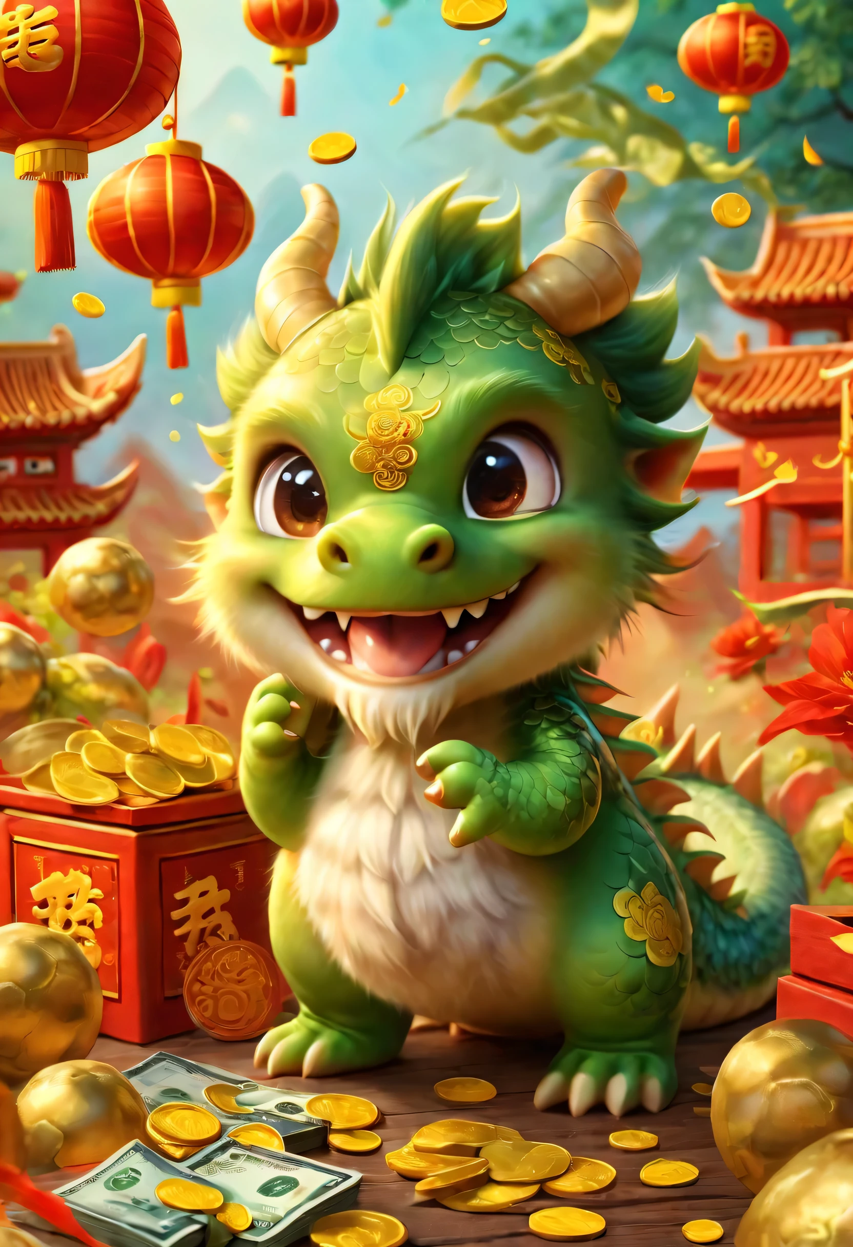 poster design：Chinese New Year is here，stupid，Cute little Chinese dragon so happy，hairy，purse，There are many gold coins in the air，Chinese element background blur，