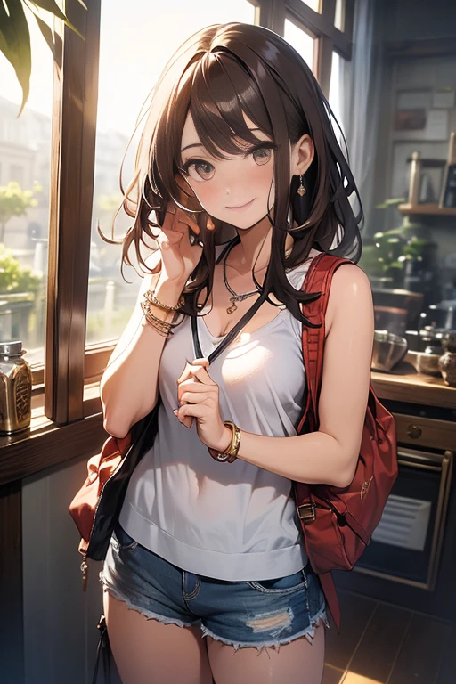 (Masterpiece, Best quality, Very detailed, High accuracy, 4K),(Beautiful detailed eyes),(Highly detailed face),(1girl),Human development report,long hair, Shorts, Phone, Brown eyes, Brown hair, cellPhone, Bracelet, Top of the tank, jewelry, He watches, Shefa, Just focus, nail polish, hazy background, He smiles, wristHe watches, real, hazy, Looking at the scenes
