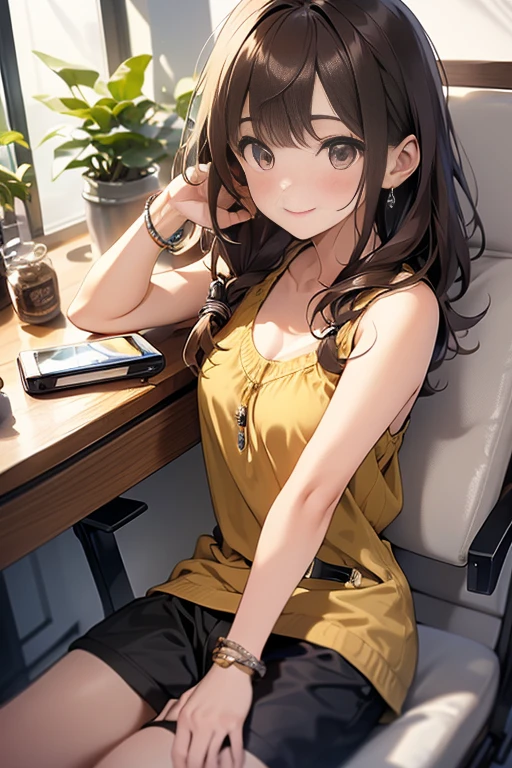 (masterpiece, Highest quality, Super detailed, High resolution, 4K),(Beautiful attention to detail),(Highly detailed face),(One girl),High resolution,Long Hair, Shorts, Telephone, Brown eyes, Brown Hair, cellTelephone, bracelet, Tank top, jewelry, clock, lips, Focus Only, Manicure, Blurred background, smile, wristclock, Realistic, Blurred, View your viewers