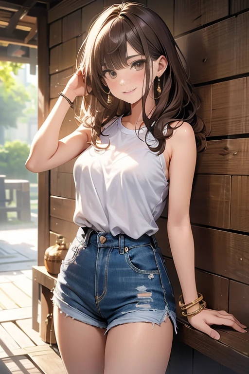 (Masterpiece, Best quality, Very detailed, High accuracy, 4K),(Beautiful detailed eyes),(Highly detailed face),(1girl),Human development report,long hair, Shorts, Phone, Brown eyes, Brown hair, cellPhone, Bracelet, Top of the tank, jewelry, He watches, Shefa, Just focus, nail polish, hazy background, He smiles, wristHe watches, real, hazy, Looking at the scenes