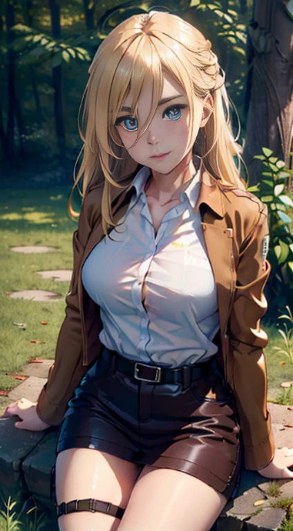 (day:1.7), Forest background,
sitting on the floor,
brown jacket,long sleeves,thigh strap,white shirt, military uniform,belt, Black_pencil_skirt,
thigh strap, thighs,
blonde hair,blue eyes,bangs, Long_hair,(hair between eyes:1.3),
1 girl, 20yo,mature female,Beautiful Finger,Beautiful long legs,Beautiful body,Beautiful Nose,Beautiful character design, perfect eyes, perfect face,
looking at viewer, in the center of the image,focus on face,
NSFW,official art,extremely detailed CG unity 8k wallpaper, perfect lighting,Colorful, Bright_Front_face_Lightinasterpiece:1.0),(best_quality:1.0), ultra high res,4K,ultra-detailed,
photography, 8K, HDR, highres, absurdres:1.2, Kodak portra 400, film grain, blurry background, bokeh:1.2, lens flare, (vibrant_color:1.2)
(Beautiful,Large_Breasts:1.2), (beautiful_face:1.5),(narrow_waist),