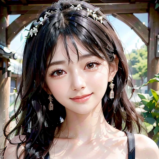 highest quality, ultra 8k, actual, A photo of a beautiful and cute Japanese woman, detailed face, detailed eyes, Beautiful black hair, (white dress with detailed details), Mansion Pool, (Close up head from collarbone), fascinating look, looking at the viewer, happy smile, Bright lighting, 10 years old