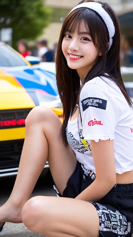 Highly detailed CG Unity 8K wallpaper, highest quality, Super detailed, masterpiece, realistic, photo realistic, Highly detailed cute girl, 25 years old, (whole bodyからつま先まで:1.4)、(whole body)、(whole body to toes)、(shot from the side)、(sitting on the hood of a car)、(lace queen)、
(Sponsored and wearing grid girl costume&#39;logo is printed.:1.3), (shorts) , (sitting in a motorsport race),   (cleavage), smile ,whole bodyショット ,(Side view)、(side shot)、(smile at the camera)、