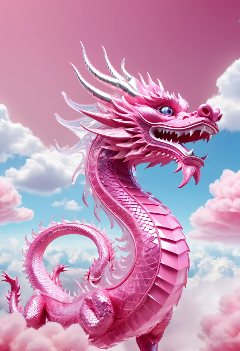 made of crystals ,clear eyes and a beautiful pink Chinese dragon,Illustration of China hovering in the sky,clear eyes, In the style of ray tracing,translucent overlapping, polishing ,Minimalism,Symmetrical,great installation,realism,three dimensional,clouds,poster design,Reasonable structure,festive atmosphere,Pink translucent PVC,