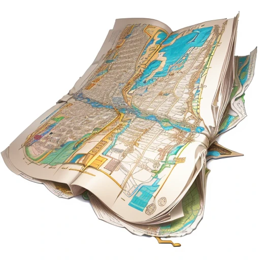 a monster papyrus map, (a papyrus localmap, a papyrus map, an folded papyrus map, an open papyrus map, a papyrus map with markers:1.5), MagicItem_v1, (white background), fullshot