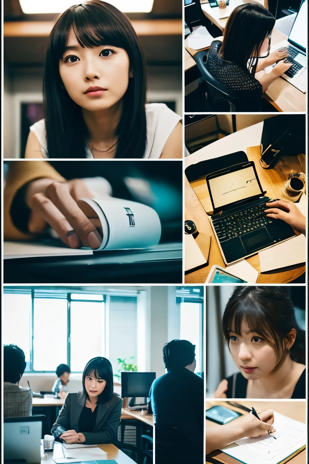 Brainstorming at a round table、Hopeful look、28 year old Japanese woman、Pictures of reality、working on laptop in office、Staring at the laptop with a serious expression、