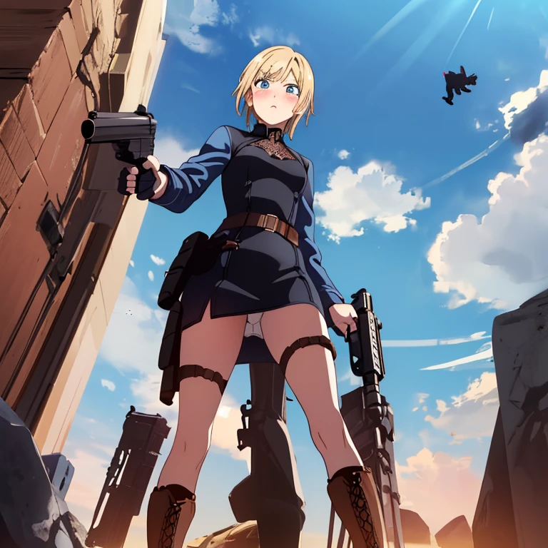 ayabrea,8k,from below,kawaii,blue eyes,white panties,30yo, Short blonde hair,blue eyes, horrified,clothes,panty shot,blush, (((gun holster))),blue denim jacket,((((black high socks)))), v neck, (((black bodycon dress))), belt,(brown lace up boots),((sneak peek of socks))