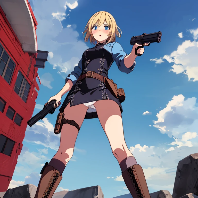 ayabrea, best quality ,8k,from below,kawaii,blue eyes,white panties,30yo, Short blonde hair,blue eyes, horrified,clothes,panty shot,blush, (((gun holster))),blue denim jacket,((((black high socks)))), v neck, (((black bodycon dress))), belt,(brown lace up boots),((sneak peek of socks))